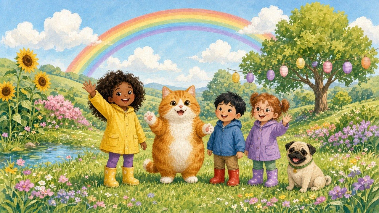 A sunny garden under a big rainbow, where Nan the orange cat, three friends and Gus the Pug wave hello