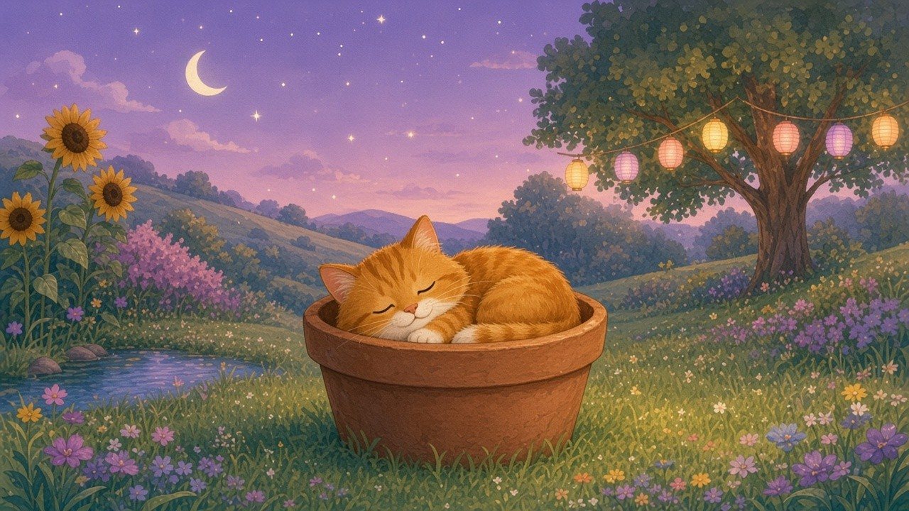 The garden at dusk under the stars and a crescent moon, with Nan curled up asleep on a flowerpot