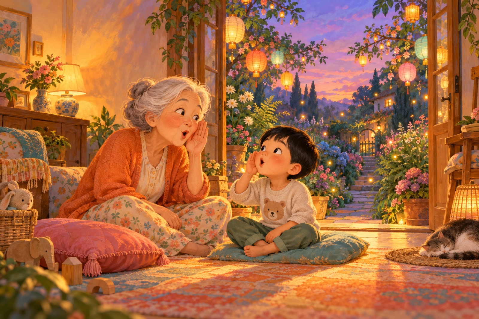 A grandma and a little boy making a sound together
