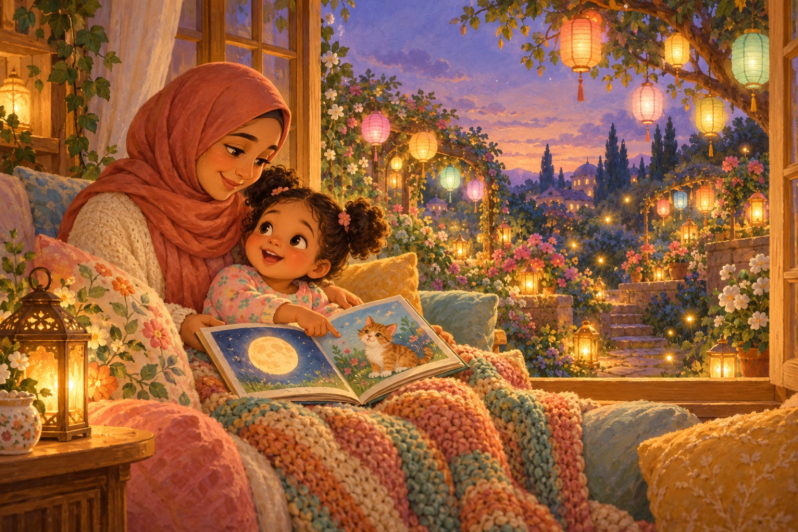 A mom reading a picture book with her daughter on her lap