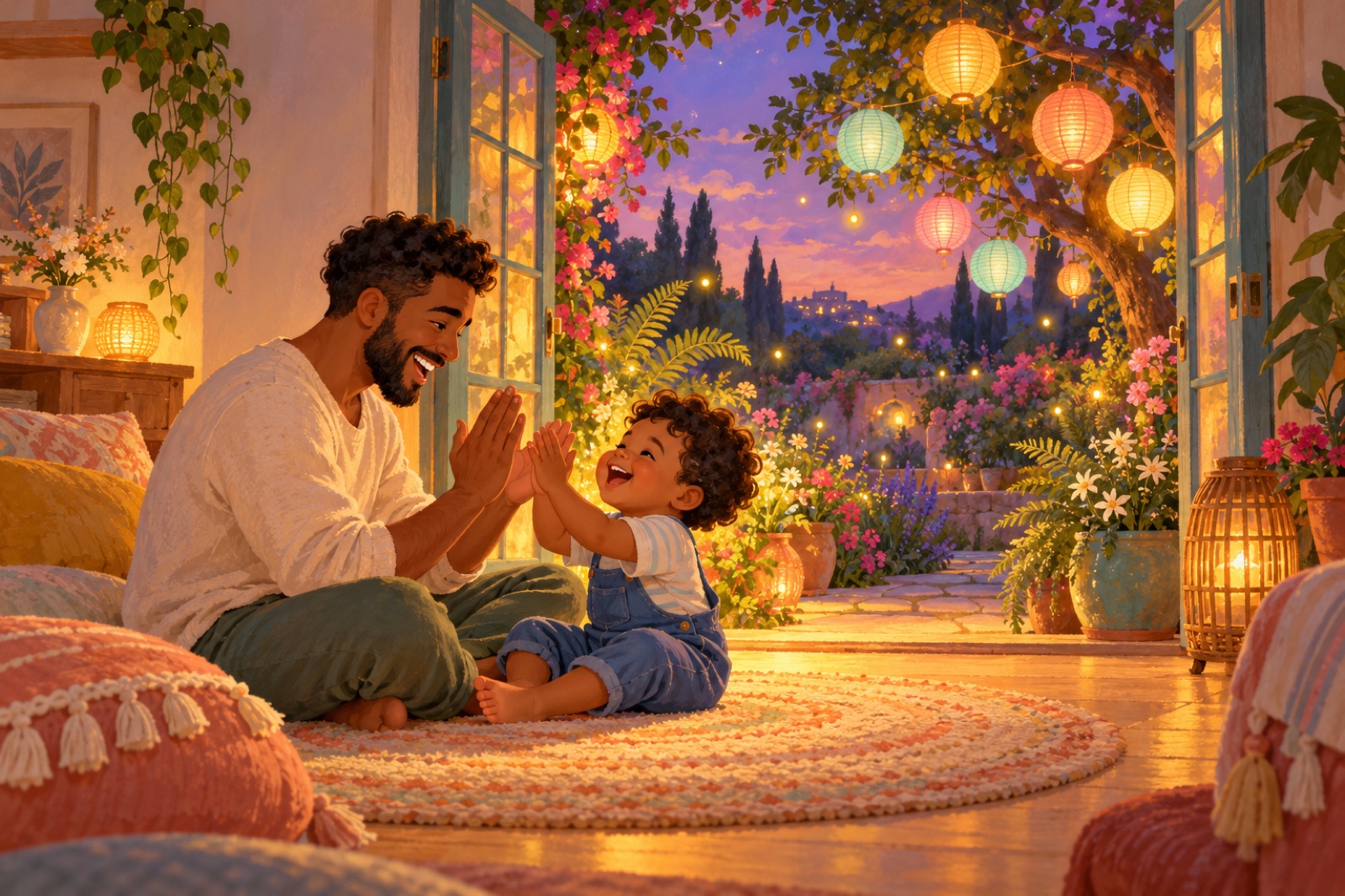 A dad and his little one clapping hands together, reviewing a game they know