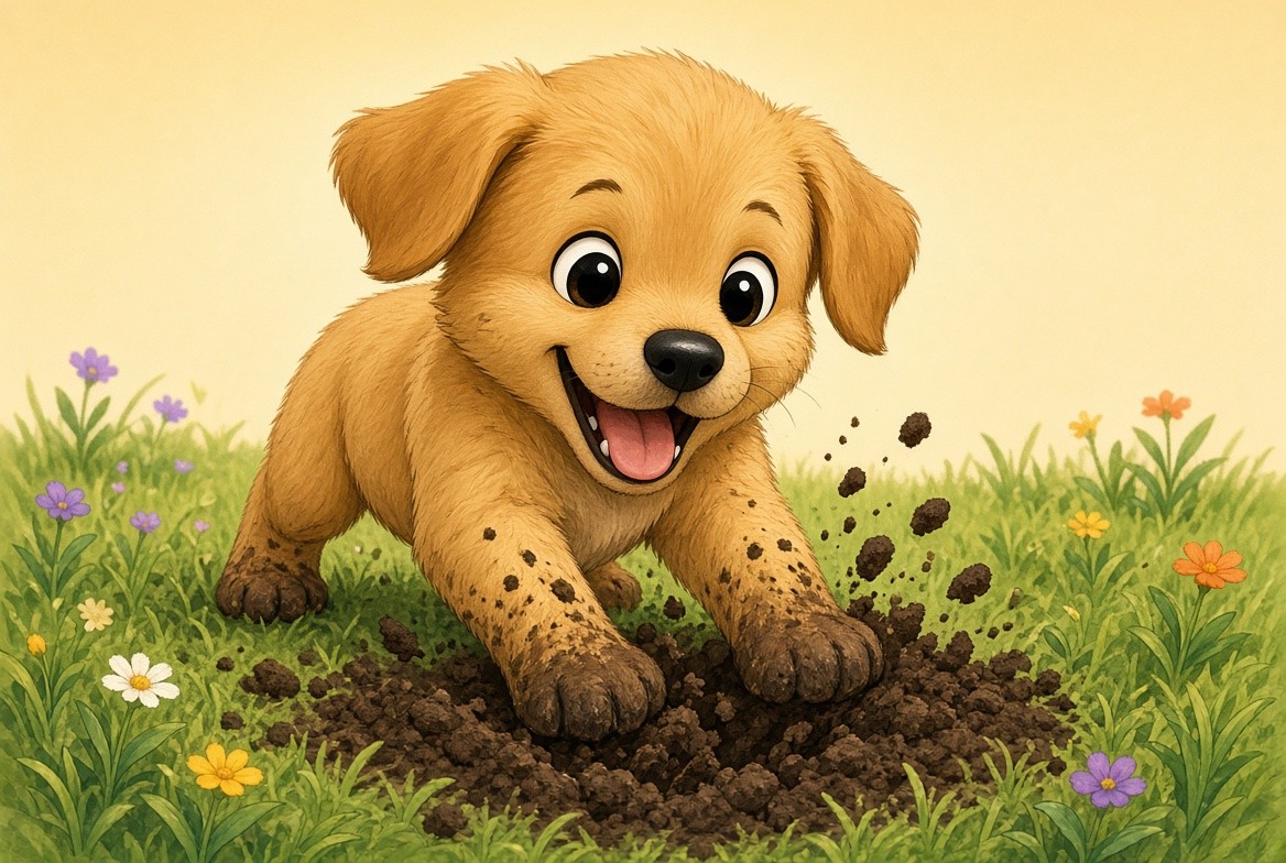 Illustration from a real A New Page story: Gus the pup digging a big pit