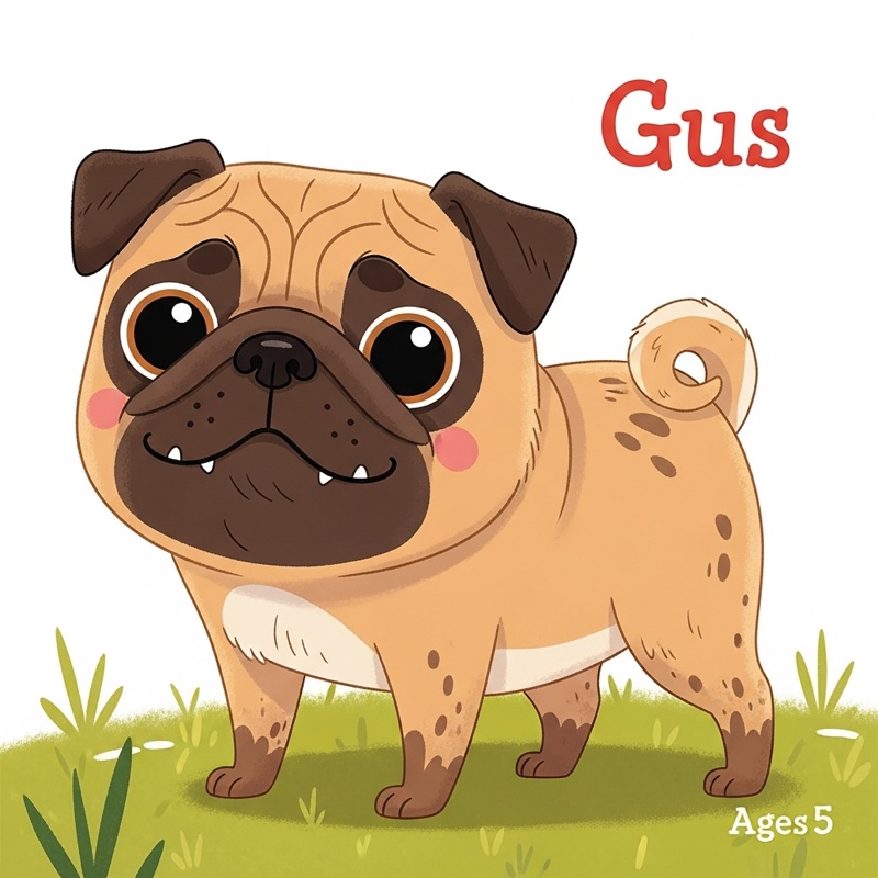 Gus the Pug book cover: a wrinkly happy pug, a little muddy