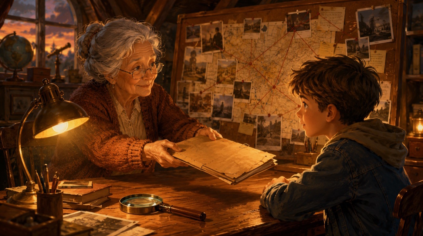 Draft art from The Agency: Grandma slides a worn case file across the desk to a young detective, cork board of clues behind them