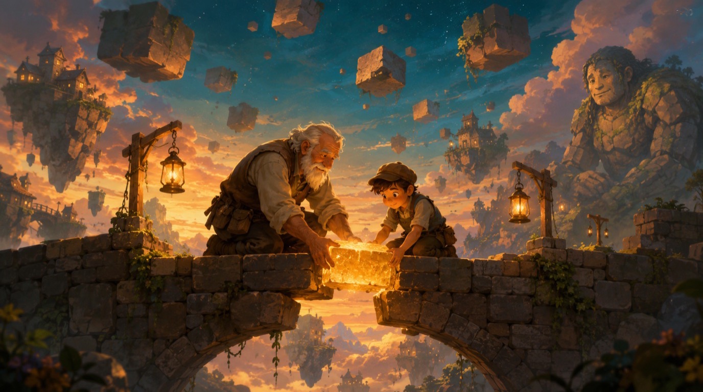 Draft art from Blockfall: Grandpa and a young builder place a glowing block into a half-rebuilt bridge among floating islands at dusk