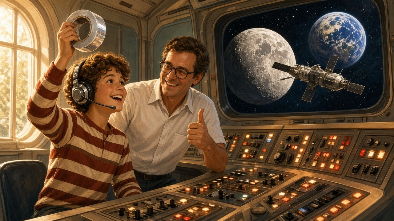 Apollo 13: a boy and an engineer at a control panel, the Moon in the window
