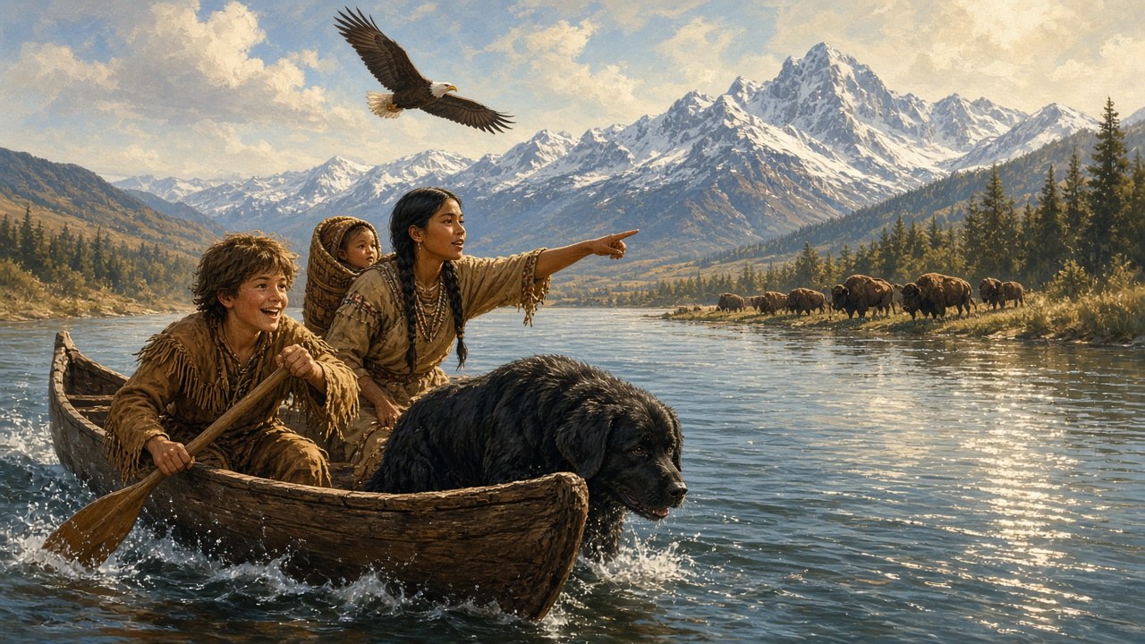 The Corps of Discovery: a canoe on a mountain river with Sacagawea