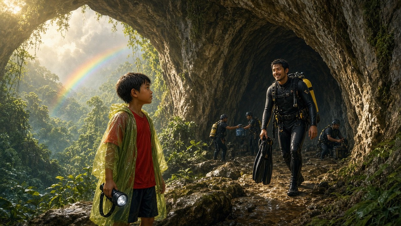 The Cave: a boy with a flashlight at the mouth of a jungle cave, a diver behind him