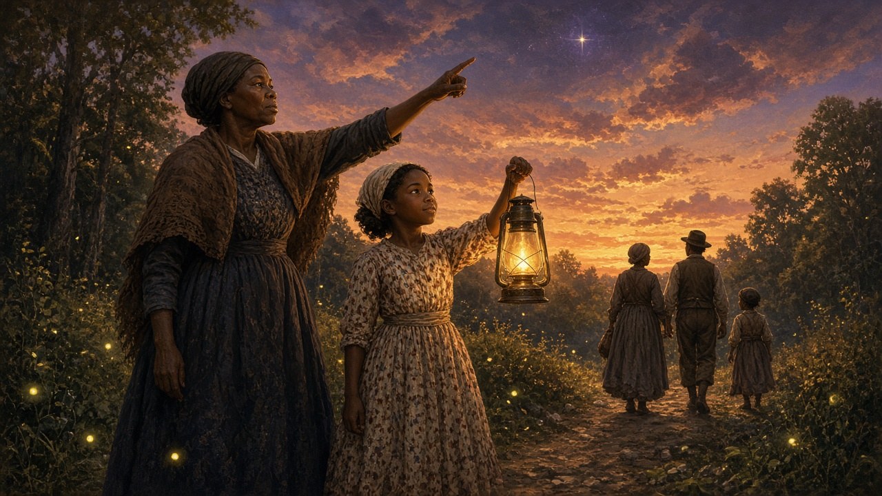 Follow the North Star: Harriet Tubman pointing the way at dusk