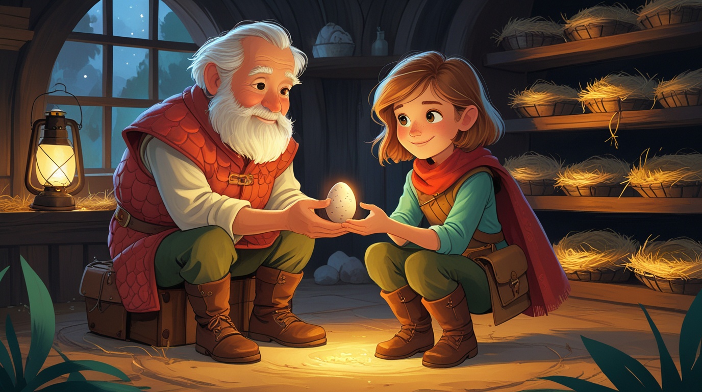 Draft art from Emberwing: Grandpa places a glowing dragon egg into a child's hands at dusk