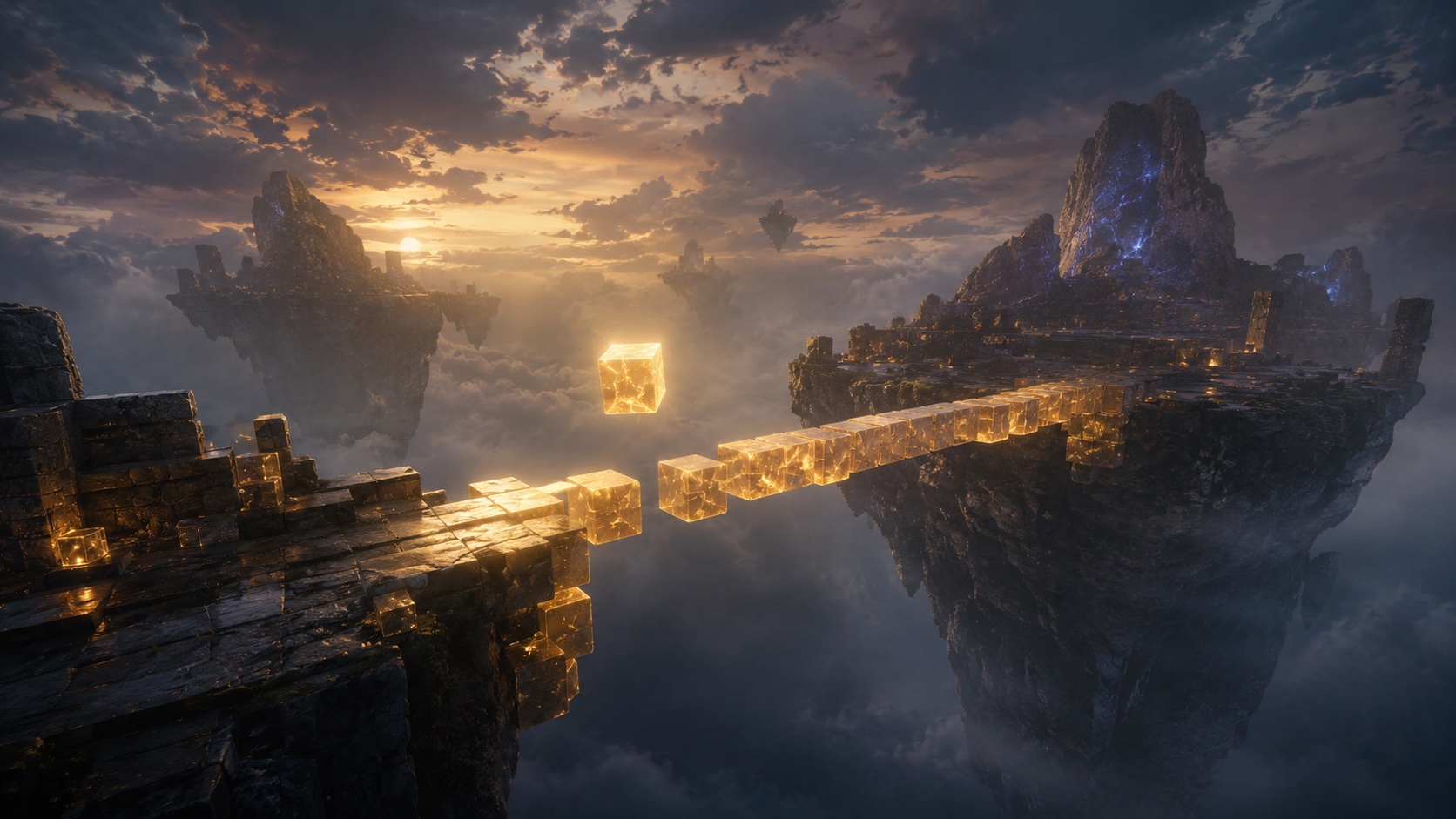 Blockfall, for older readers: drifting stone islands at dusk with a half-rebuilt bridge of glowing blocks