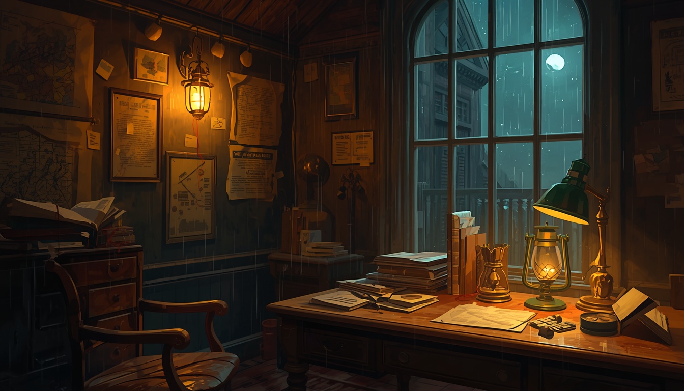 Cinematic art from The Agency's older register: a case room lit by a single desk lamp, walls of evidence
