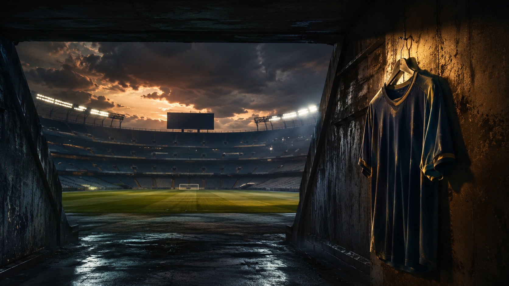 Champions, for older readers: a vast floodlit stadium at dusk seen from the player tunnel