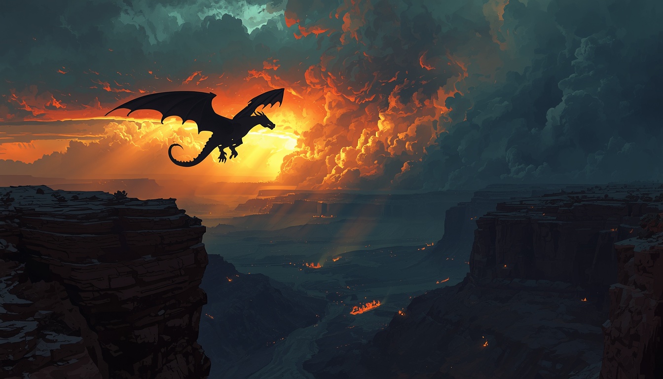 Cinematic art from the older register: a dragon and rider crossing a vast canyon at dusk