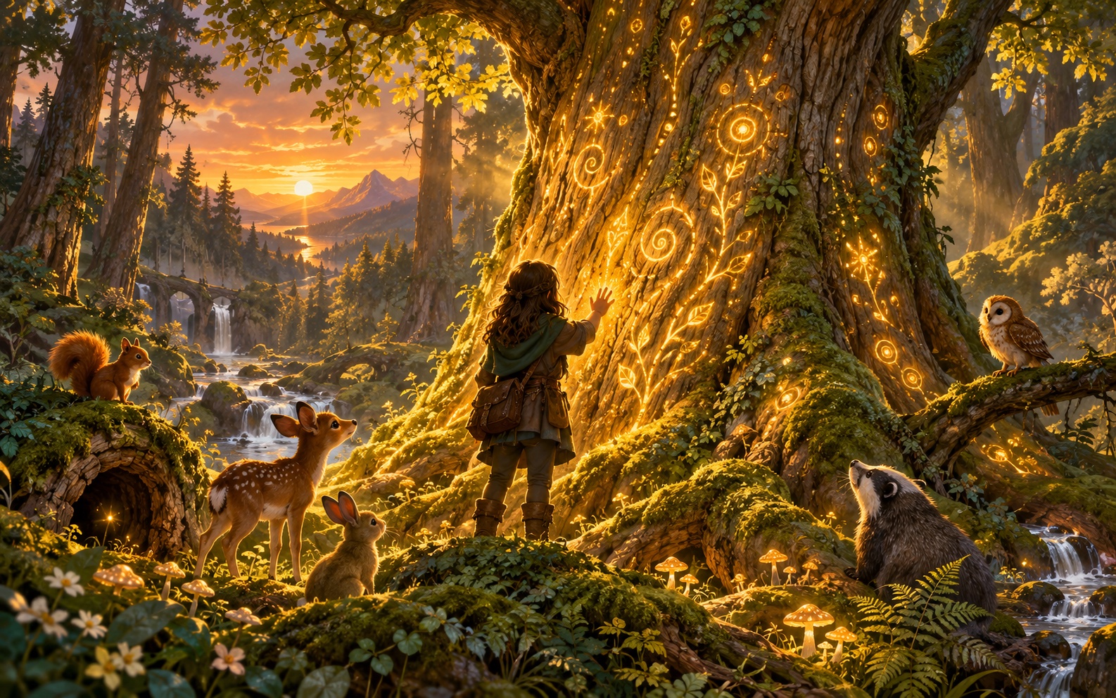 Greenwood for older readers: a guardian reading the glowing marks on an ancient tree deep in the wood at dusk
