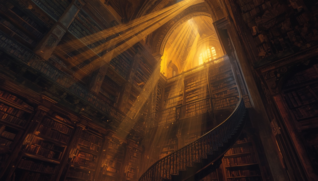 A quiet old library, dust drifting through a beam of lamplight over the shelves