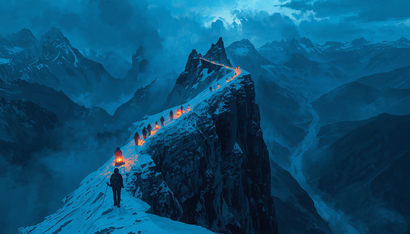 Cinematic art from the older register: travelers carrying lanterns along a mountain ridge at dusk