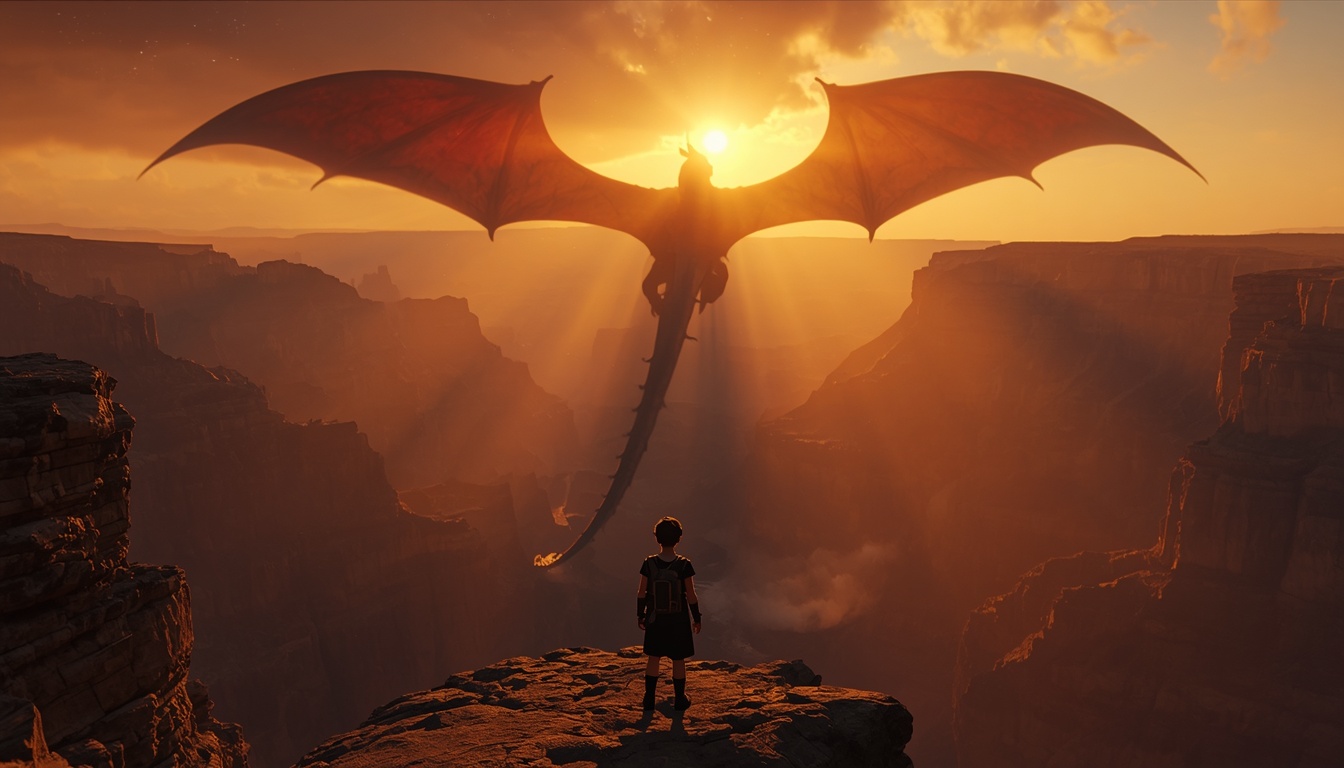 Cinematic art from Emberwing's older register: a dragon and rider crossing a vast canyon at dusk