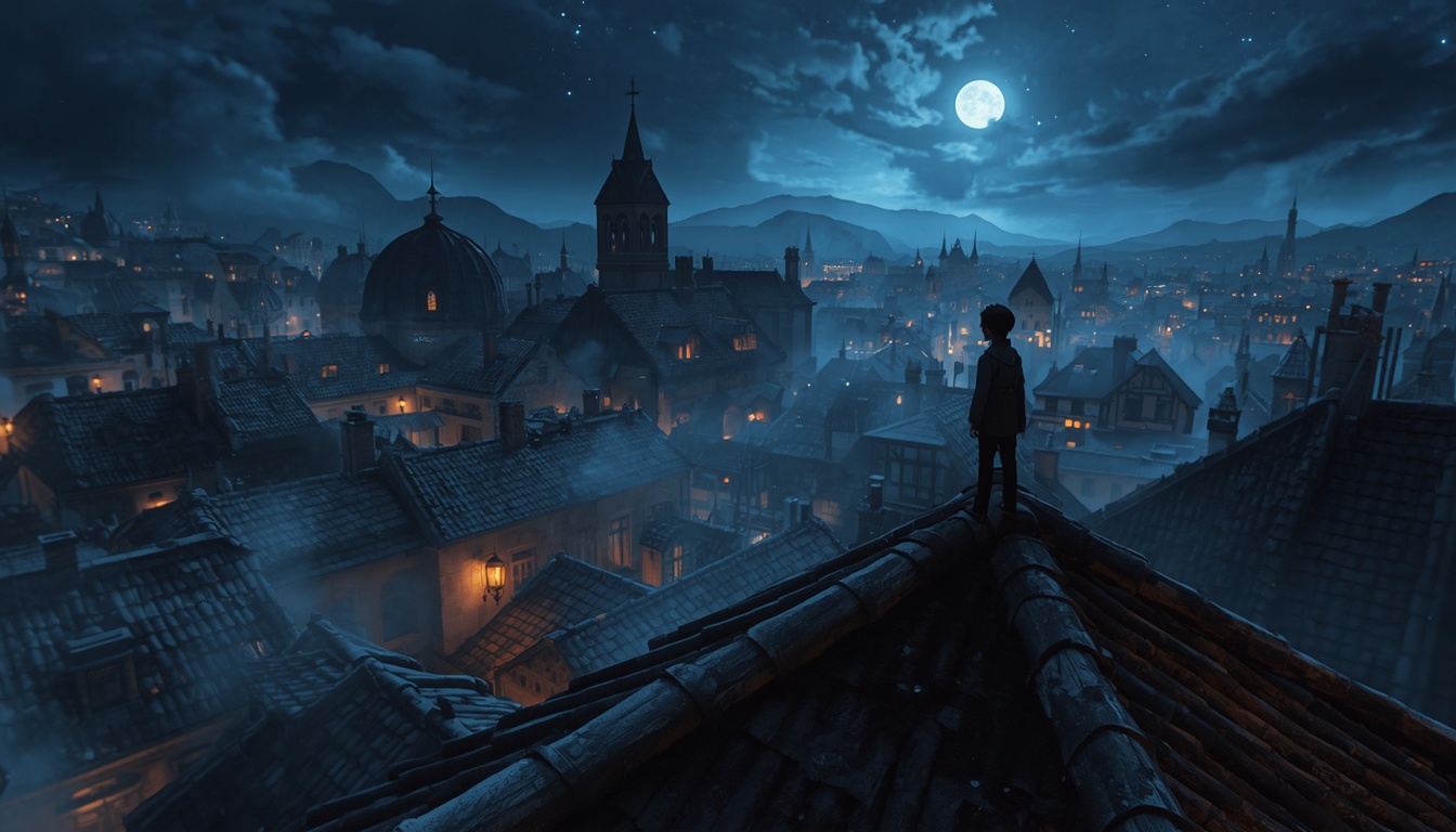 Concept art: figures on a city rooftop at night, planning a heist