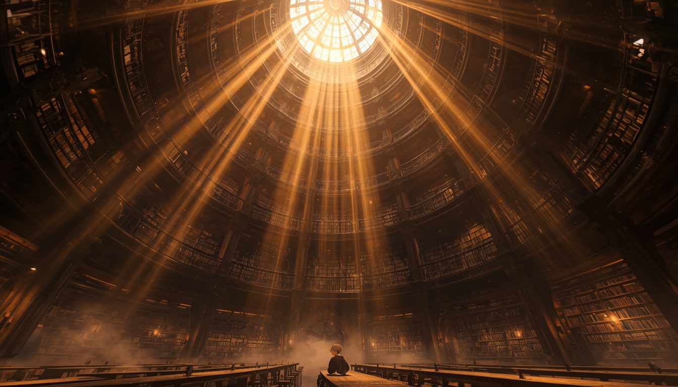 Cinematic art from the older register: a figure in a vast dust-lit library
