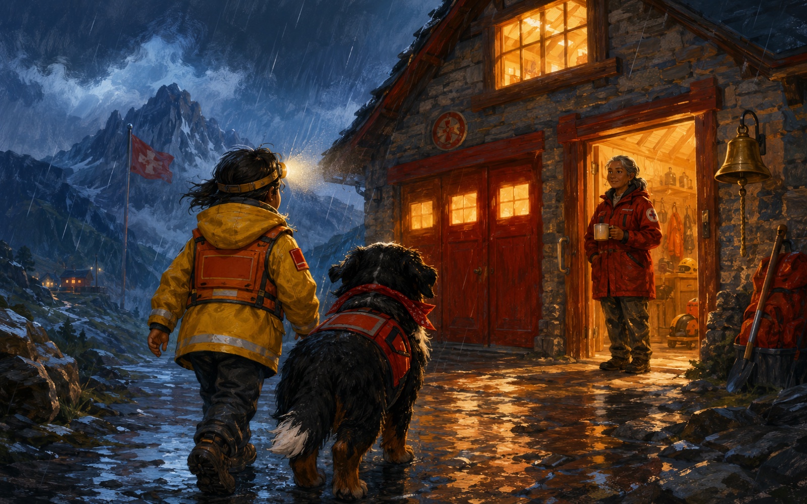 Rescue One: a young cadet and Boone the Bernese rescue dog at the mountain station, one warm light in the window