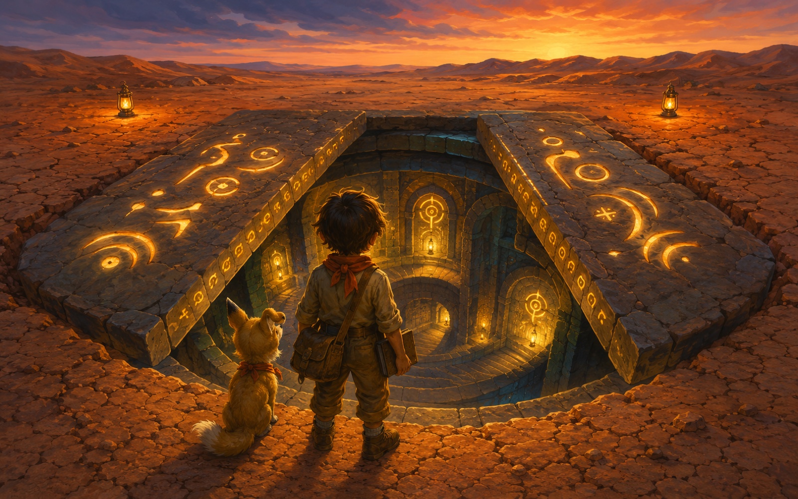 The Dig: a young explorer and Zig the one-eared desert fox before torch-lit ruins