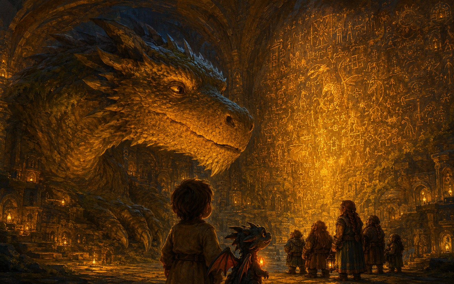 Emberwing: an ancient gentle dragon and a wall of glowing marks