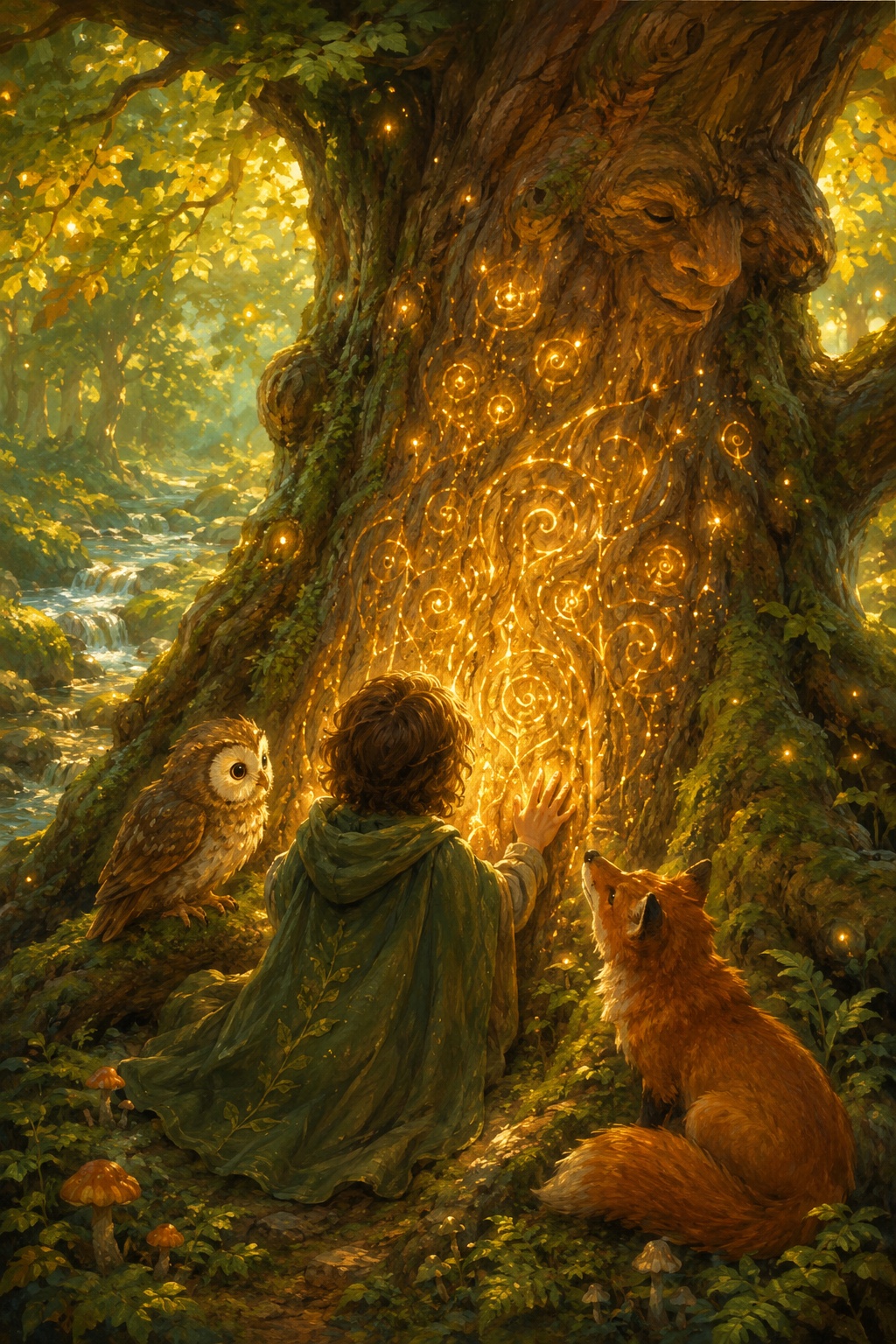 Greenwood: a young guardian reading the glowing marks on a great tree in a magical wood