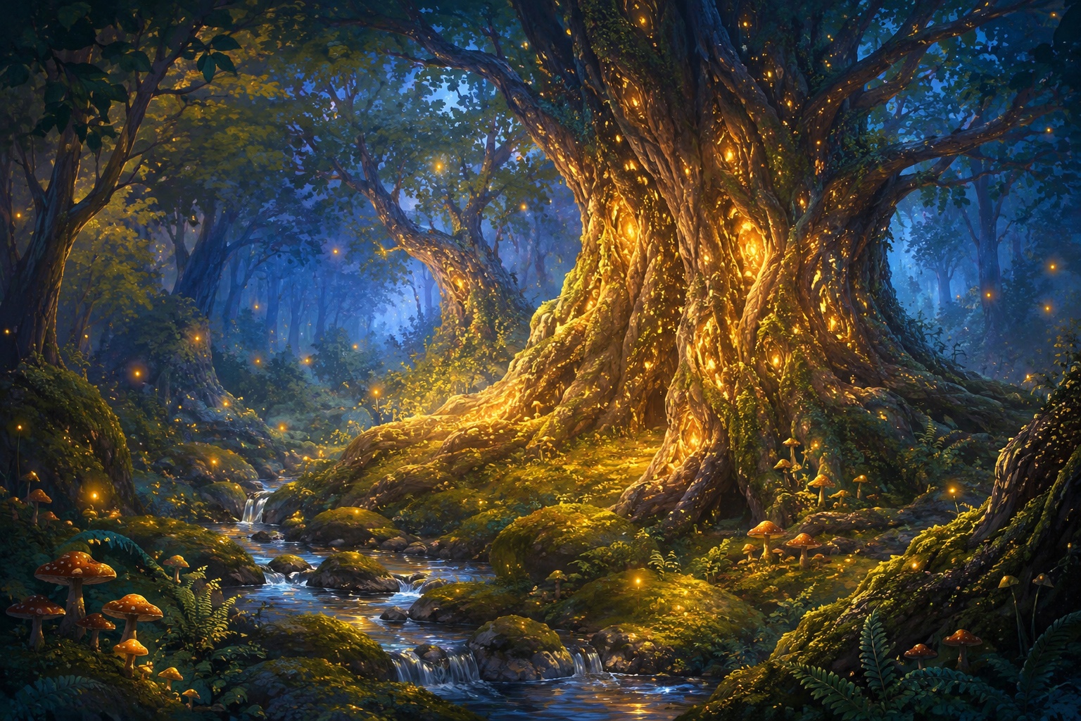 Greenwood at night: a magical wood glowing softly under the stars