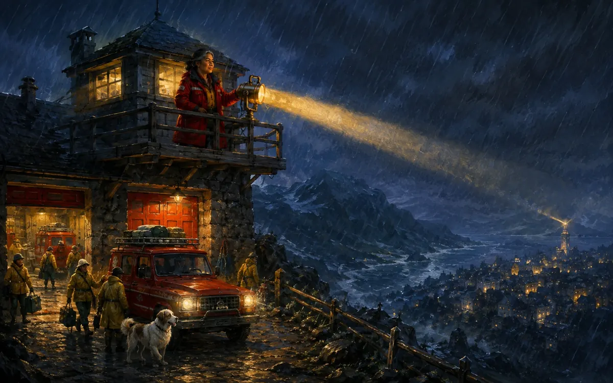 Rescue One, for older readers: headlamp beams winding through storm pines toward a far light