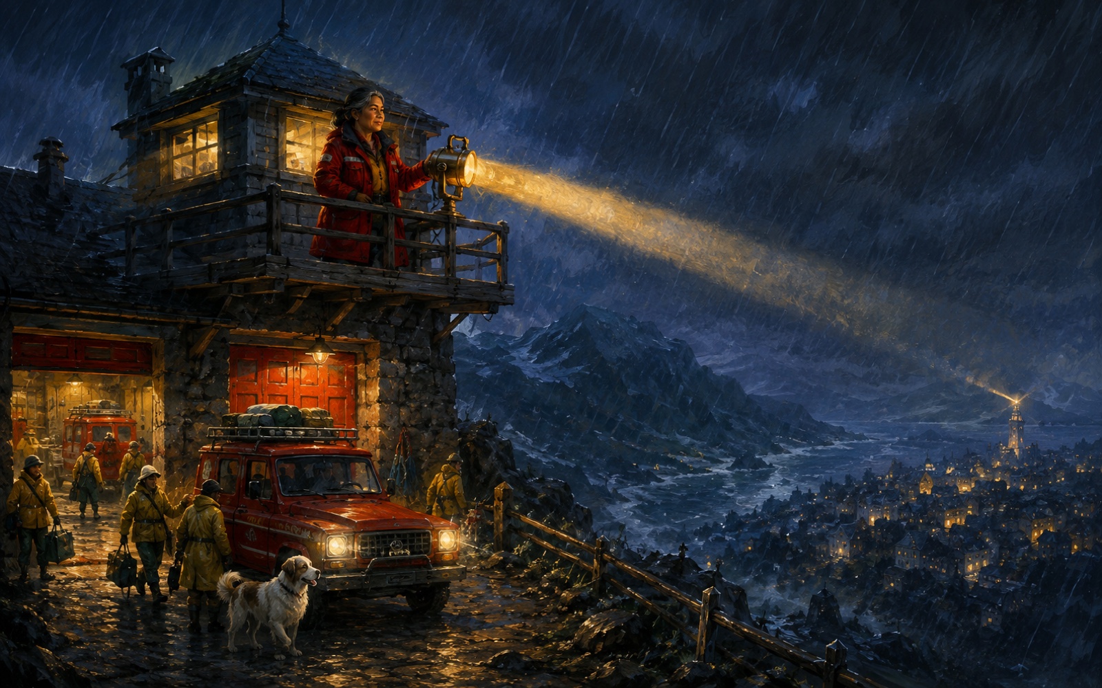 Rescue One, for older readers: headlamp beams winding through storm pines toward a far light