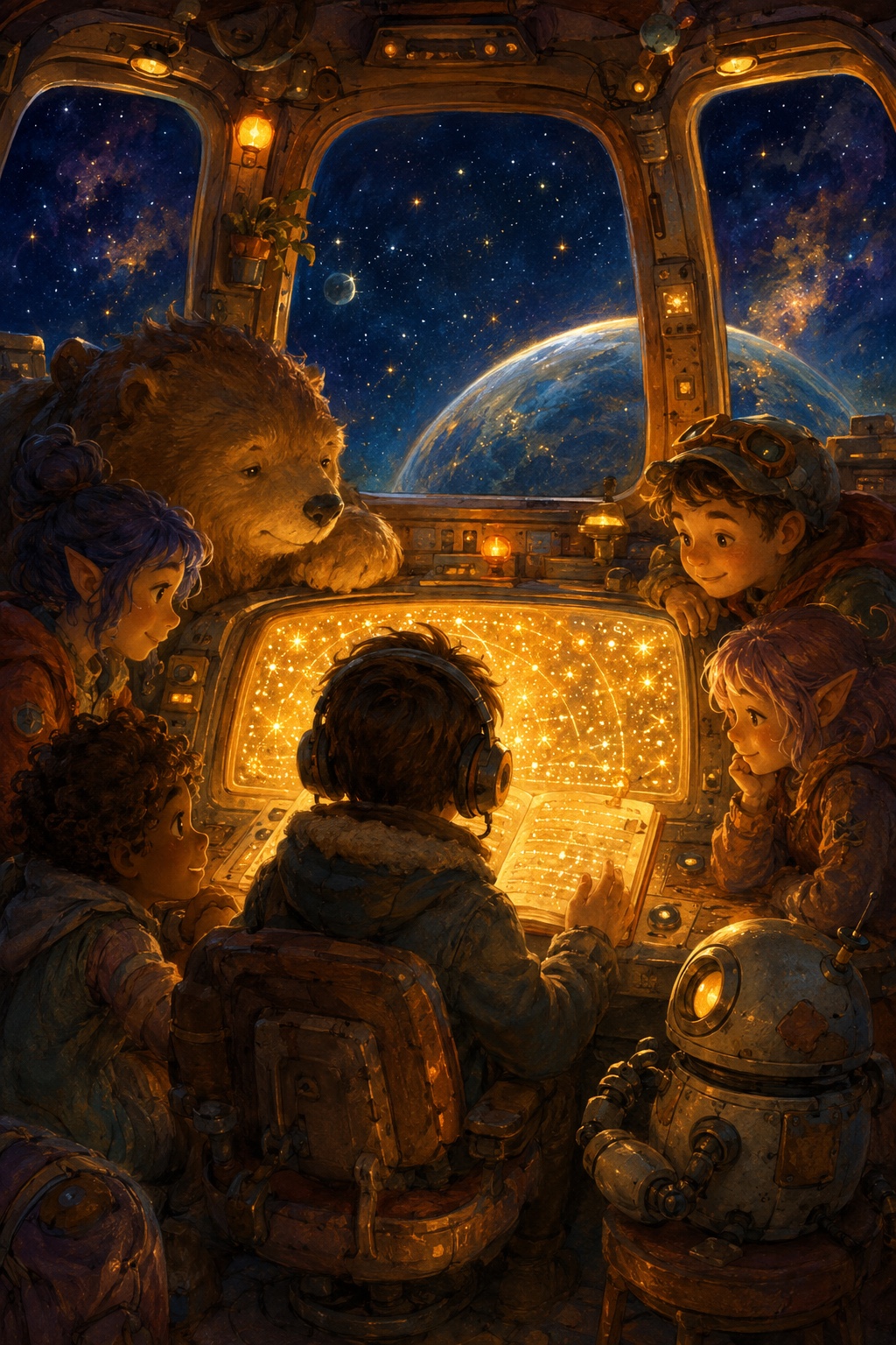 Stardrift: a child reading the glowing star-map on a cozy starship's bridge