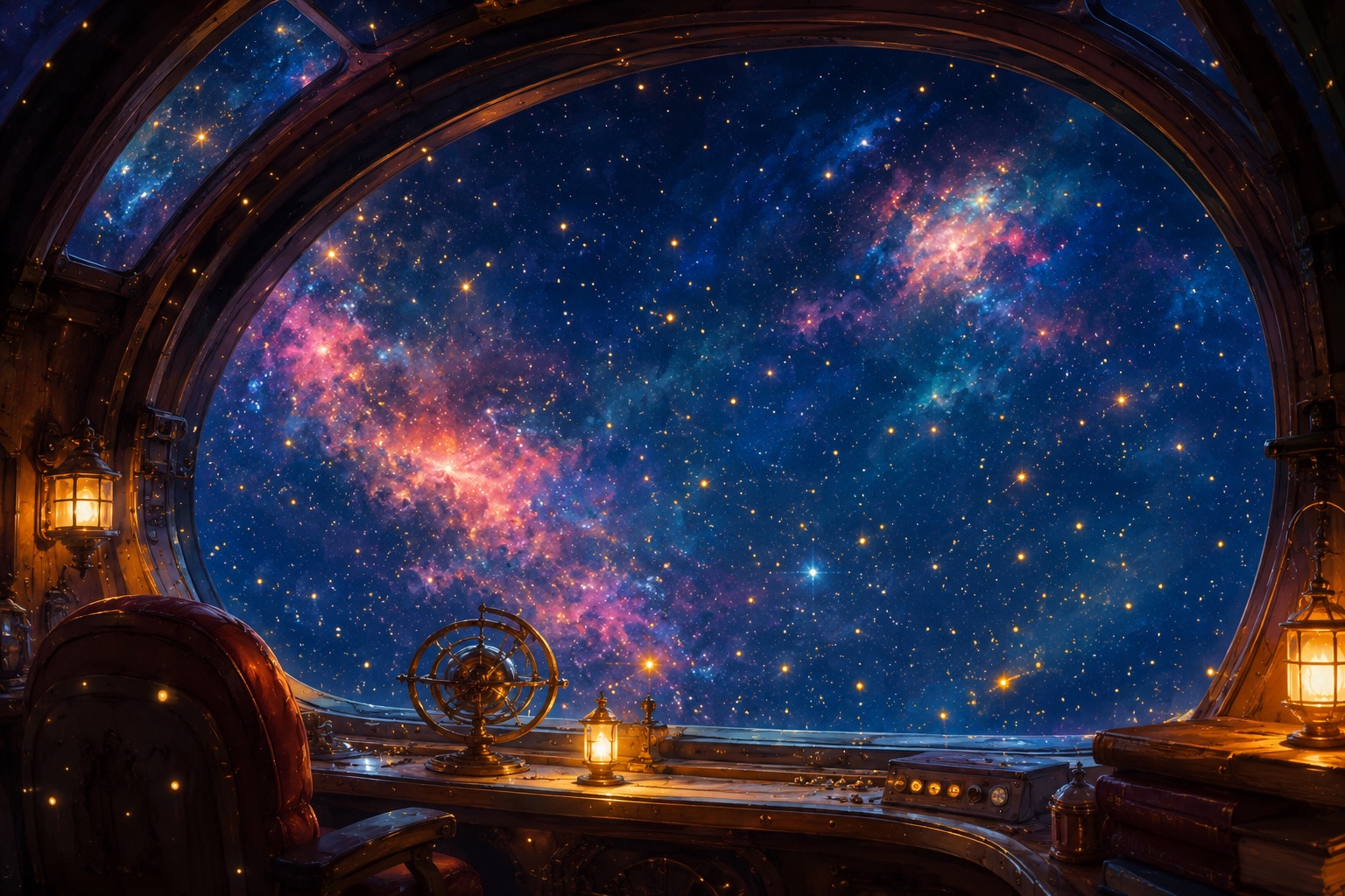 Stardrift at night: a cozy starship drifting past a glowing star field