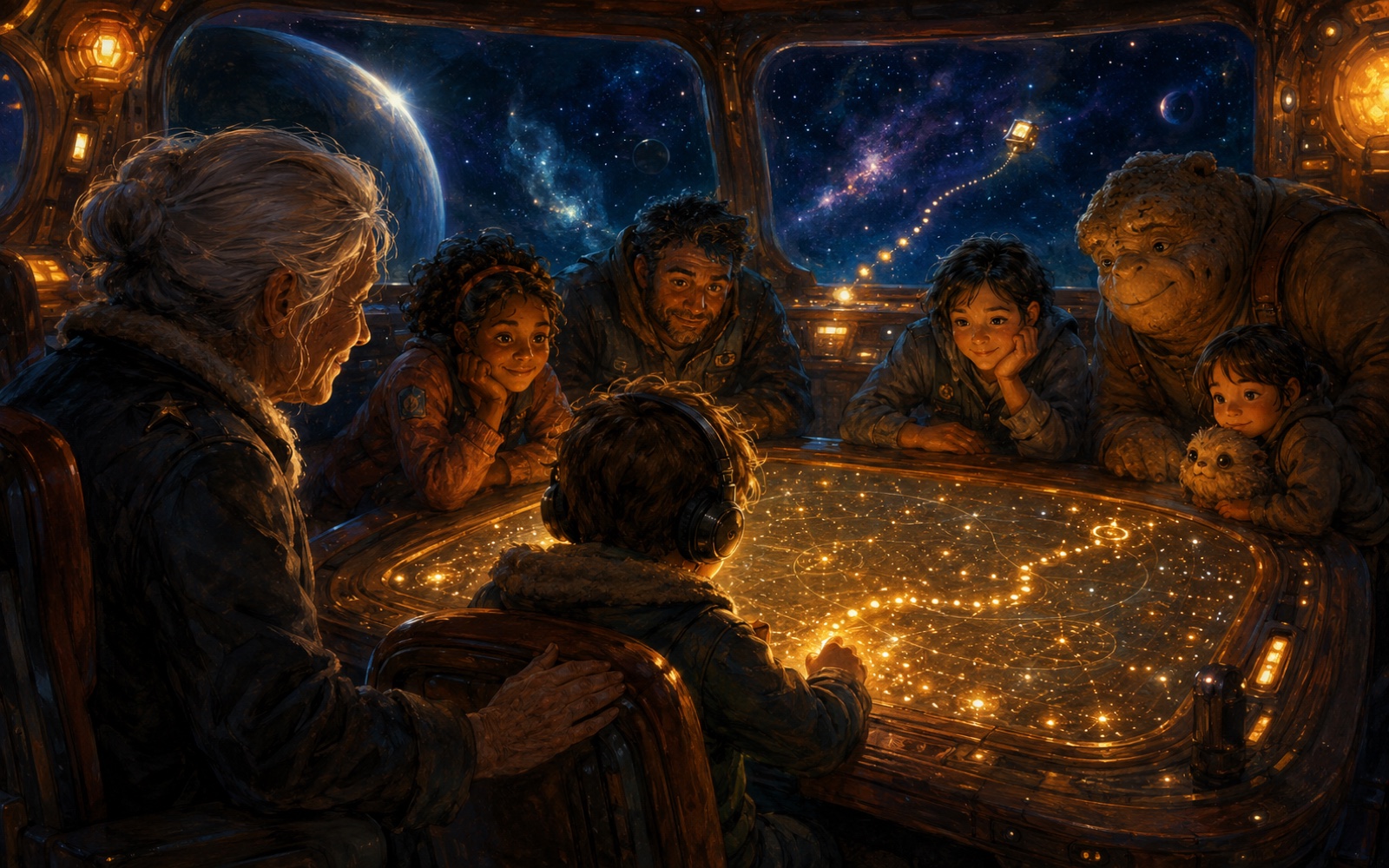 Art from Stardrift, episode 3: the starship bridge, where the crew waits on the young reader