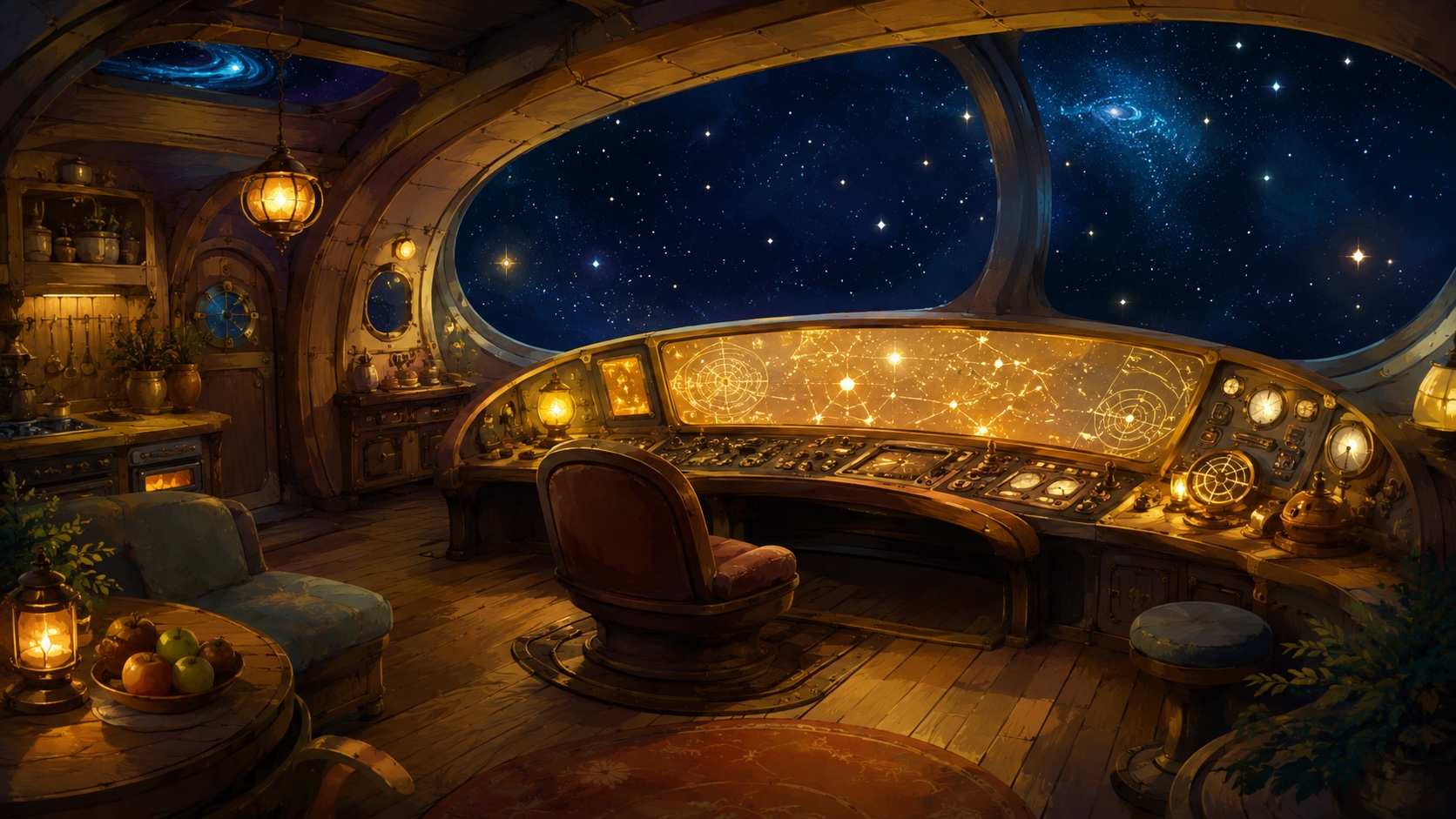 Stardrift: the cozy bridge of a starship, the glowing star-map ahead