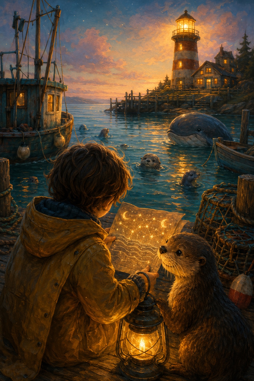 Tidewatch: a child reading the tide-chart in a glowing little lighthouse by the sea