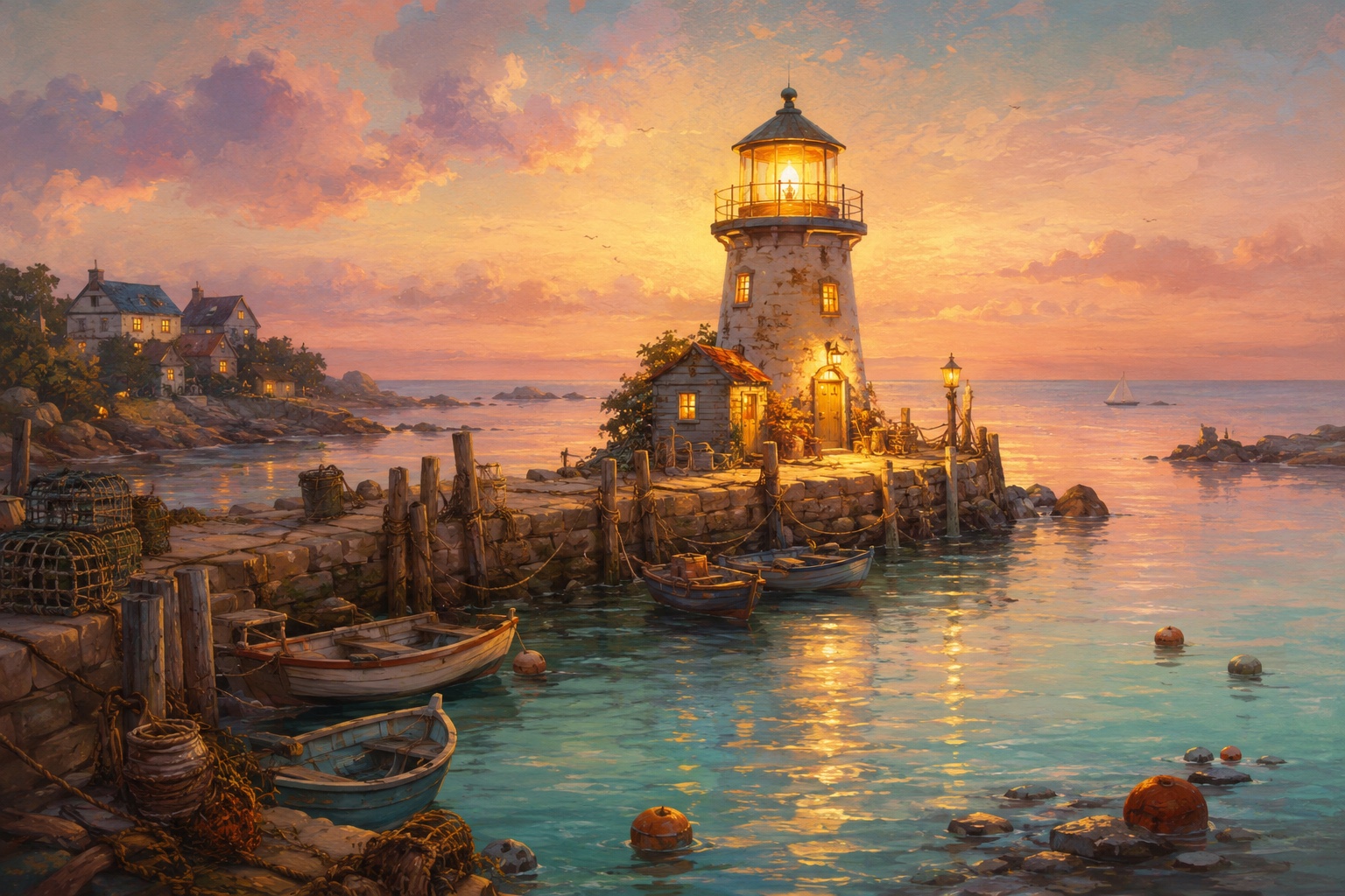 Tidewatch at night: the little lighthouse beam sweeping over a dark harbor